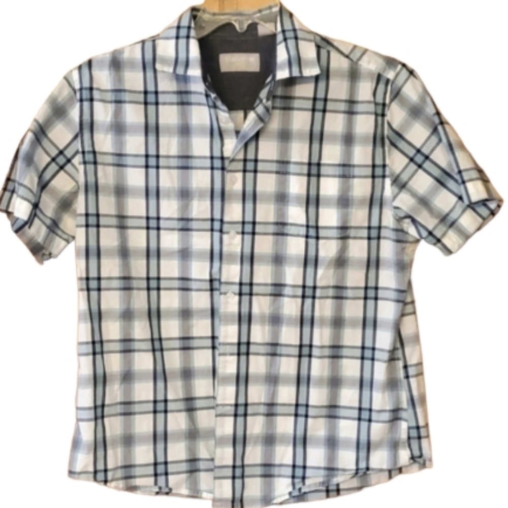 Claiborne Mens Slim Fit Stretch Plaid Short Sleeve Buttondown Shirt‎ Size Large